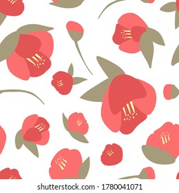 Seamless vector pattern of red Japanese camellias and petals on a white background. Hand-drawn flowers. Template for typography.
