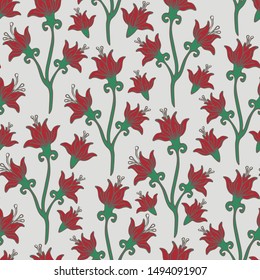 Seamless vector pattern with red lilies on white background. Romantic floral wallpaper design. Flower bloom vintage fashion textile.