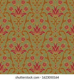 Seamless vector pattern with red lilies on green background. Renaissance floral vintage wallpaper design. 