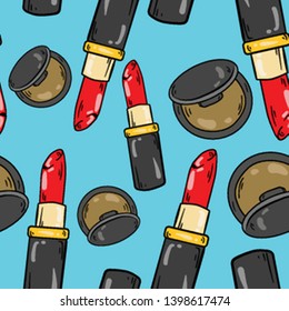 Seamless vector pattern with red lipstick and brown blush on blue background. Wallpaper, textile and fabric design. Good for printing. Cute wrapping paper pattern.