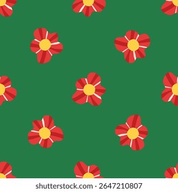 Seamless vector pattern with red minimal flowers. Simple floral design on green background
