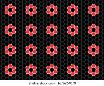Seamless vector pattern with red mosaic flowers on a black honeycomb mosaic.  Flowers pattern. Black and red hexagon tiles background. Print for wrapping, web backgrounds, etc. 