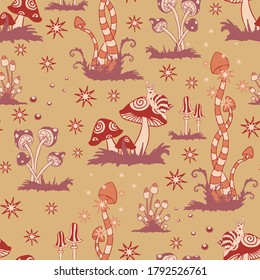 Seamless vector pattern with red mushrooms on pink background. Fantasy landscape wallpaper design. Ethnic fashion textile.