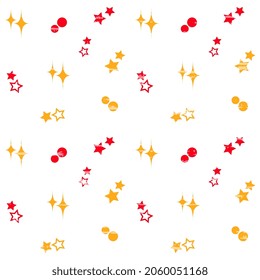 Seamless vector pattern with red and orange stars, polka dot dots on a white background with an old vintage texture. Festive surface design.