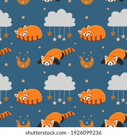 Seamless vector pattern with red panda, stars, and moon. Trendy baby texture for fabric, wallpaper, apparel, wrapping.
