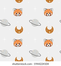 Seamless vector pattern with red panda, moon and planet. Trendy baby texture for fabric, wallpaper, apparel, wrapping.