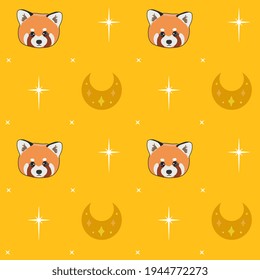 Seamless vector pattern with red panda, stars and moon on yellow background. Trendy baby texture for fabric, wallpaper, apparel, wrapping paper