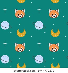 Seamless vector pattern with red panda, moon and planet. Trendy baby texture for fabric, wallpaper, apparel, wrapping.