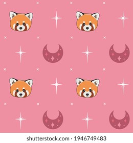Seamless vector pattern with red panda, stars and moon. Trendy baby texture for fabric, wallpaper, apparel, wrapping paper