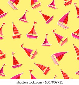 Seamless vector pattern with red and pink ships on a warm yellow background. Cute child illustration. Sea transport. Cartoon travel pattern. Love boat. 