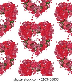 Seamless vector pattern with red and pink roses and falling petals in the shape of a heart wreath on white background.