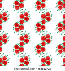 Seamless vector pattern of red poppy and green leaf on white background.