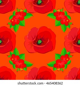 Seamless vector pattern of red poppy and red hibiscus with green leaf on red background.