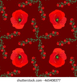 Seamless vector pattern of red poppy and green leaf on deep red background.