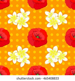 Seamless vector pattern of red poppy and white plumeria on yellow background.