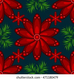 Seamless vector pattern of red poppy with green leaf on deep blue background