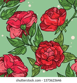 Seamless vector pattern with red rose on green background. Wallpaper and fabric design. Good for printing. Wrapping paper pattern.