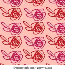 Seamless vector pattern red rose on pink background simple flat wallpaper blossom
