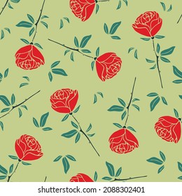 Seamless vector pattern with red roses on green background. Simple romantic vintage floral wallpaper design. Decorative valentines day fashion textile.