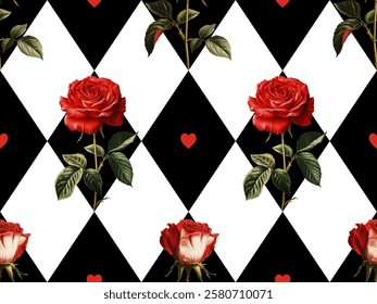 Seamless vector pattern with red roses and hearts isolated on a changeable black and white background. Vintage style illustration.