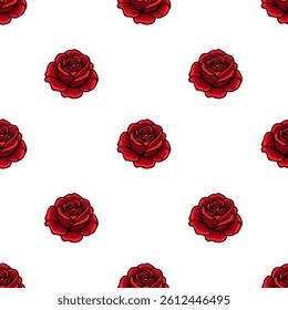 A seamless vector pattern of red roses on a white background, featuring detailed floral designs. The roses are arranged in a uniform grid, creating a vibrant and cheerful aesthetic.