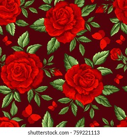 Seamless vector pattern with red roses and butterflies