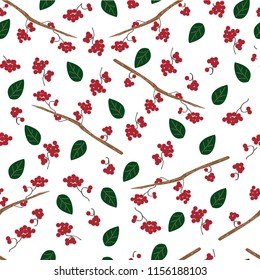 Seamless vector pattern with red rowan and leaves. Fall colorful floral background. Elegant floral seamless pattern.Vector rowan berries.