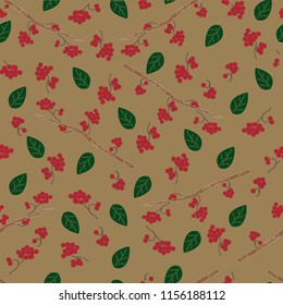 Seamless vector pattern with red rowan and leaves. Fall colorful floral background. Elegant floral seamless pattern.Vector rowan berries.