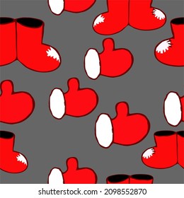 seamless vector pattern with red Russian felt boots and mittens on a gray background