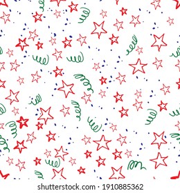 Seamless vector pattern with red stars, dots, and serpentine on a white background. Good print for wrapping paper and packaging design