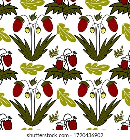 Seamless vector pattern with red strawberries. botanical green texture. blooming wild strawberry. green and red strawberries.