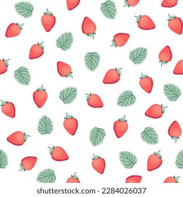 Seamless vector pattern with red strawberries and leaves on a white background in a flat style. Ideal for print, wrapping paper, wallpaper, fabric, design.