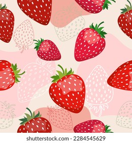 Seamless vector pattern with red strawberries on a pink background with spots in a flat style. Ideal for print, wrapping paper, wallpaper, fabric, design.