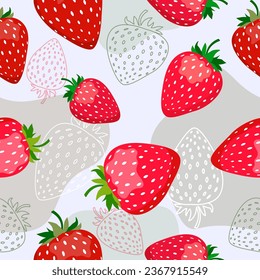 Seamless vector pattern with red strawberries on a blue background with spots in a flat style. Ideal for print, wrapping paper, wallpaper, fabric, design.