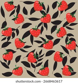 Padrão de vetor contínuo com morangos vermelhos e folhas pretas em um fundo bege.Padrão contínuo para vários projetos de design, incluindo têxteis, embalagens, artigos de papelaria e fundos de dígitos.