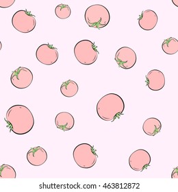 Seamless vector pattern of red tomato on pink background.