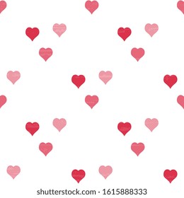 Seamless vector pattern with red tones of the heart on a white background, artistic, textured. Cute festive design for packaging, surface, fabric.