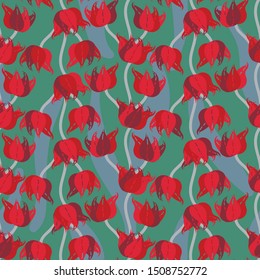 A seamless vector pattern with red tulips on green. Surface print design.