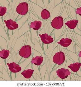 Seamless vector pattern with red tulips on a beige background. Abstract floral ornament. Suitable for textile, manufacturing, fabric, wallpaper, decoration, web, design.
