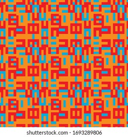 Seamless Vector Pattern Of Red And Turquoise Geometric Shapes On Orange Background. Texture Background For Print, Home Decor, Fashion Textile, Wrapping, Wallpaper.
