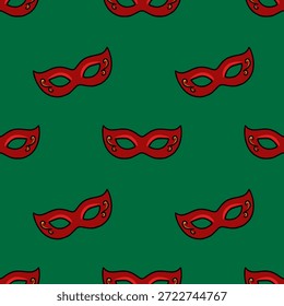 Padrão de vetor sem costura de máscaras venezianas vermelhas com redemoinhos de ouro em um fundo verde profundo, perfeito para celebrações festivas.