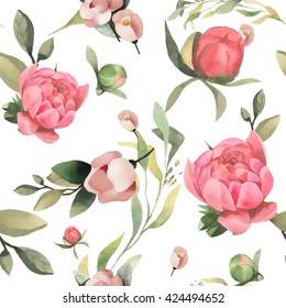 Seamless vector pattern with red watercolor flowers and olive leaves