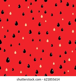 Seamless vector pattern of red watermelon flesh with black seeds. Simple and beautiful abstract pattern. Flat design