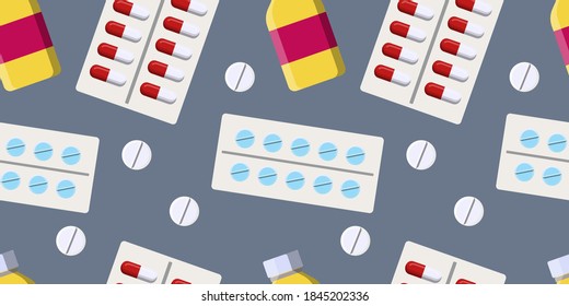 Seamless vector pattern of Red and white pills in blister packaging, pill blister pack and plastic bottles isolated on dark background. Medicine creative concepts.  