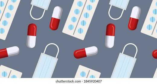 Seamless vector pattern of Red and white capsule pills, pill blister pack and medical face masks isolated on dark background. Medicine creative concepts. illustration for pharmaceutical industry. 