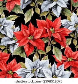 Seamless vector pattern with red and white poinsettia flowers on black changeable background. Vintage watercolor style.