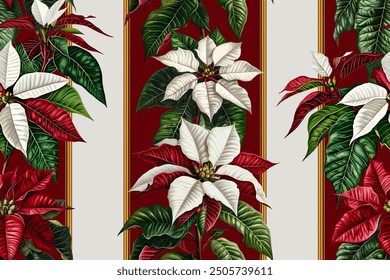 Seamless vector pattern with red and white poinsettia flowers isolated on a changeable background. Vintage watercolor painting style.