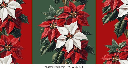 Seamless vector pattern with red and white poinsettia flowers isolated on a changeable background. Vintage watercolor painting style.