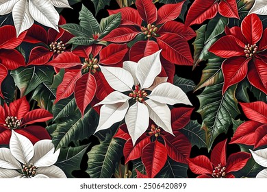 Seamless vector pattern with red and white poinsettia flowers isolated on a changeable background. Vintage watercolor painting style.