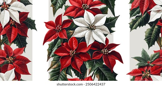 Seamless vector pattern with red and white poinsettia flowers isolated on a changeable background. Vintage watercolor painting style.